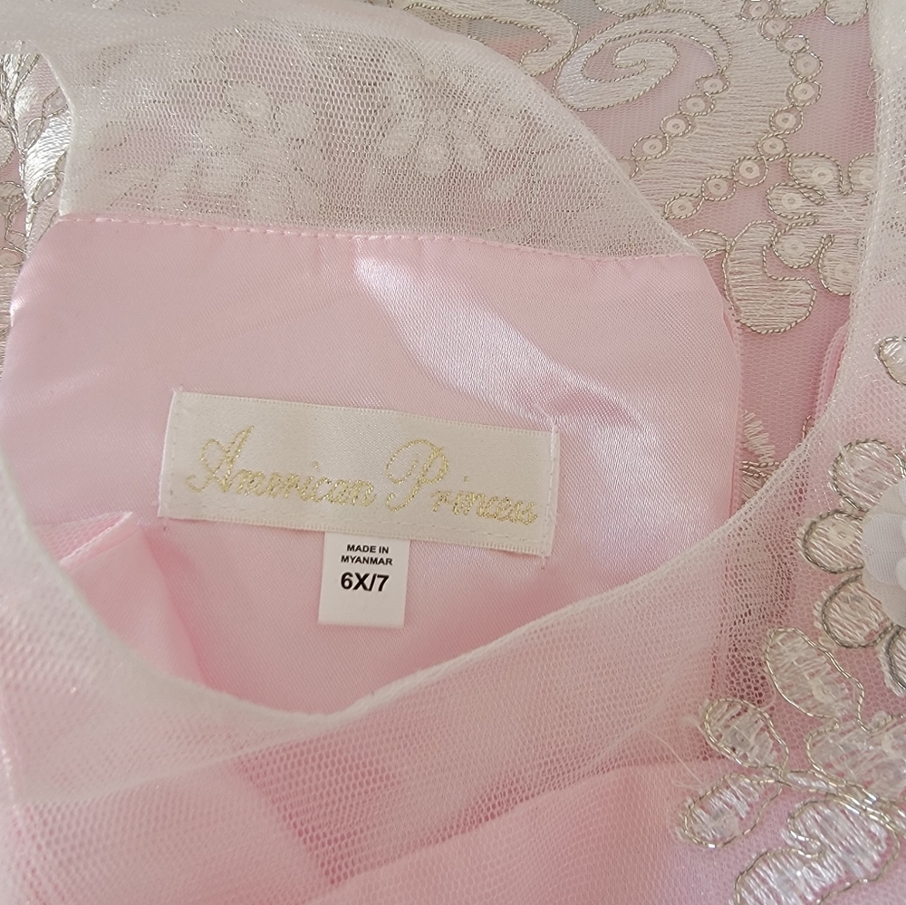 American Princess Pink Ivory Formal Flower Girl Dress Lace Pearl Trim Size 6X/7 - Picture 6 of 9